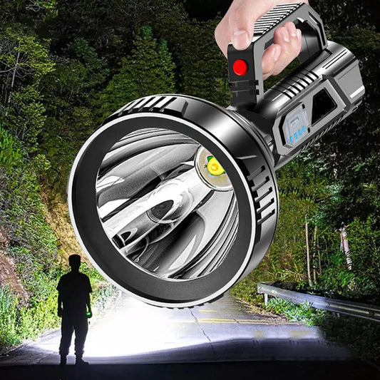 LED Handheld Spotlight 3 Modes Flashlight Outdoor Lighting USB Rechargeable Life Waterproof for Hiking Fishing Emergency