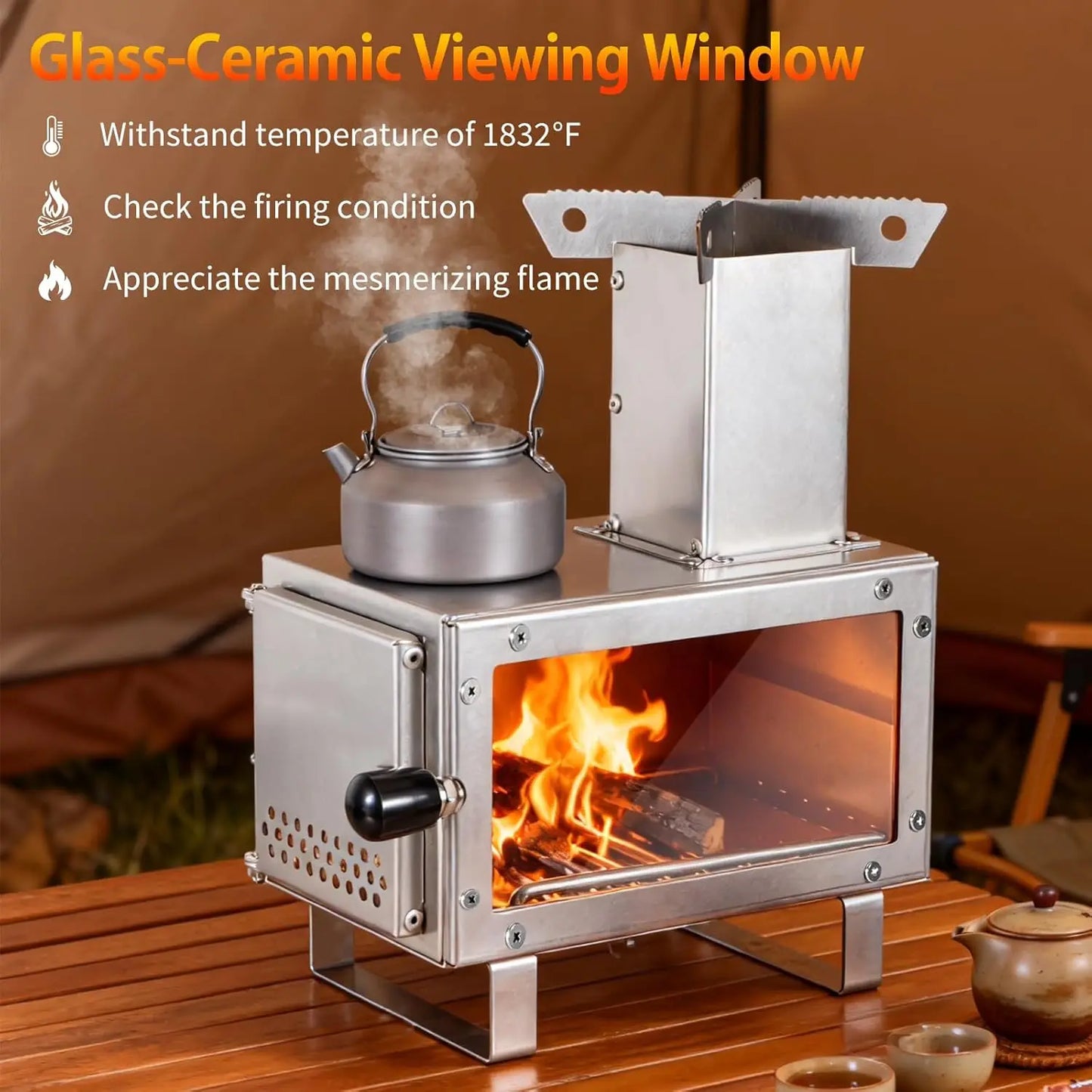 Camping Stove for Hot Tents, LAMA 304 Stainless Steel Wood Burning Stove with Stainless Wall Chimney Pipes for Tents, Shelter, O