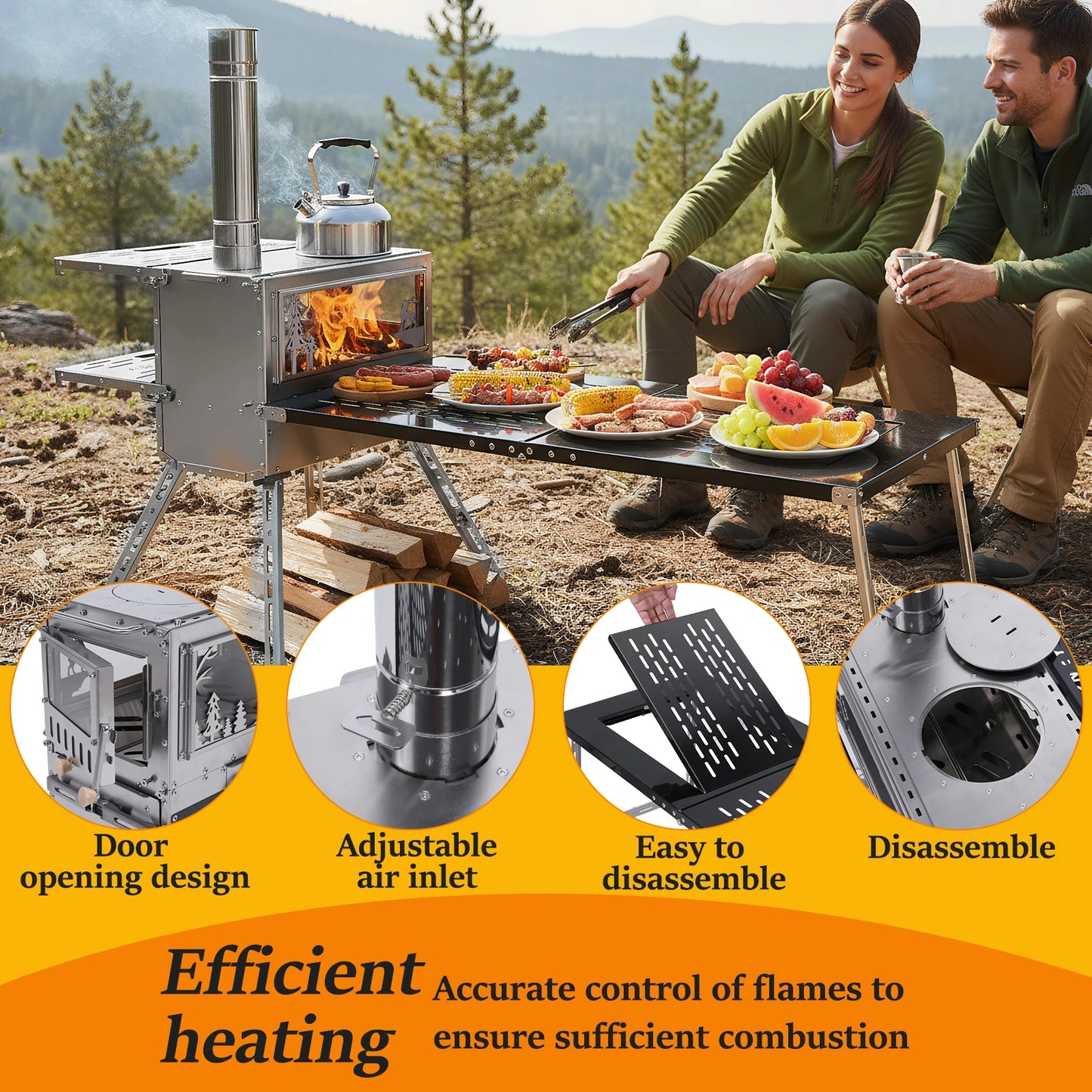 Camping Stove with Oven & Camping Table with Chimney Pipe Small Camping Wood Stove Stainless Steel for Heating Cooking Hunting