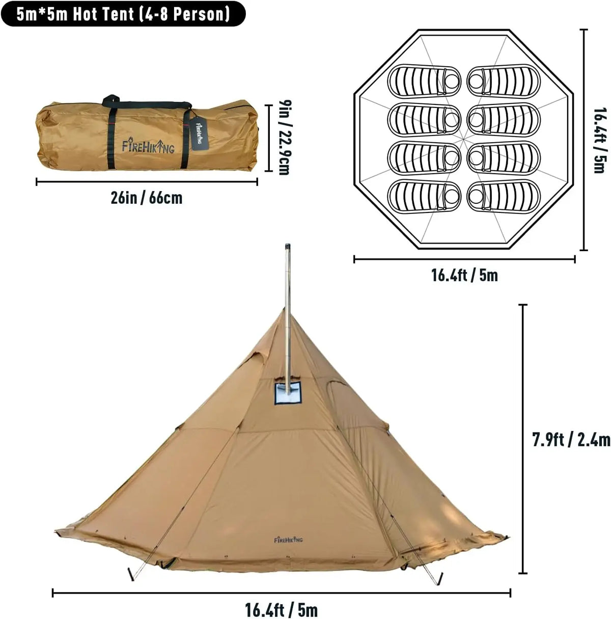 Fireproof Fabric, Green Camping Hot Tipi Tent for 4 - 8 Person, Ideal for Bushcraft, Cooking and Heating