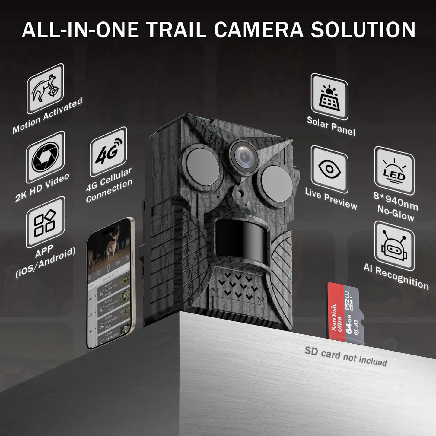 4G LTE Solar Trail Camera, 2K HD Live View, No-Glow Night Vision, 0.2s Trigger, 10000mAh Battery, IP66 for Hunting & Farm
