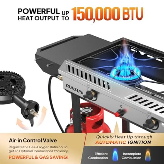 2 Burner Outdoor Propane Gas Stove with Auto-ignition Regulator Shelf 150 000 BTU Powerful Stand Cooker for Backyard Patio Cook