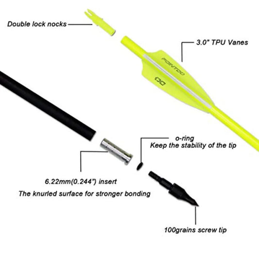 30inch Carbon Arrow Fluorescence Color Targeting and Practice and Hunting Arrows for Compound Bow and Recurve Bow with Removabl
