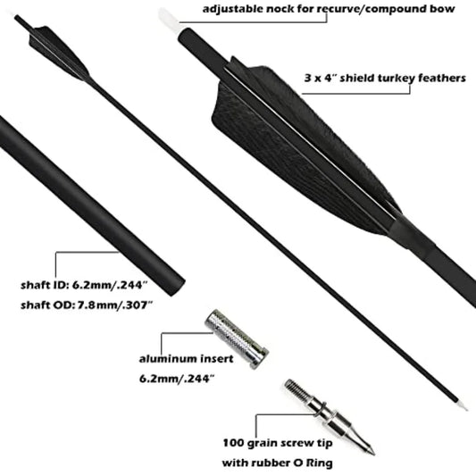 30 Inch Archery Carbon Arrows Hunting Arrows with 4 Turkey Feather Removable Tips Targeting Practice Arrows 500 Spine for Compo