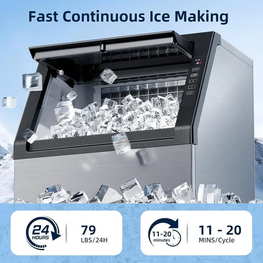 Commercial Ice Maker 80Lbs/24H Freestanding 24Lbs Storage Self-Cleaning LCD Stainless Steel for Home Bar Restaurant, Custom