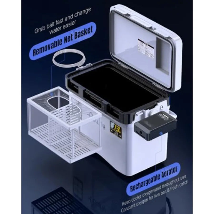 Live Bait Cooler, 13-19 QT Leak-Proof Fishing Cooler with Rechargeable Aerator, Portable Fish Livewell for Boat, Insulated Minn