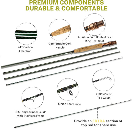 Fly Fishing Rod and Reel Combo Starter Kit, Carbon Fiber 4-Piece Rod, Aluminum Reel, Flies, Line, Case - Lightweight Portable