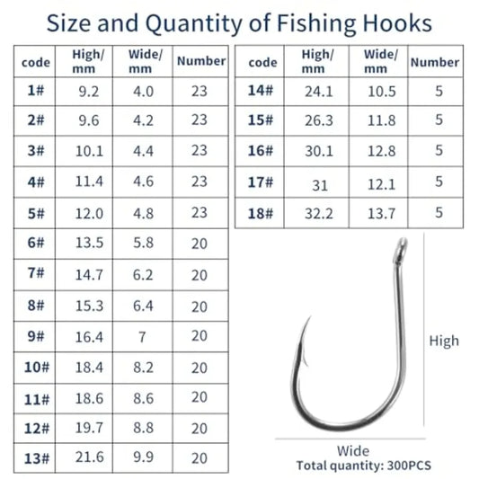 300PCS Fishing Hooks 18 Sizes High-Carbon Steel Barbed Fish Hooks with Holes Fishing Gear with Storage Box Suitable for Fishing