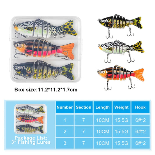 JSFUN 3PCS Lifelike 7 Segment Swimbait Fishing Lures10cm/15g Slow Sinking Crankbait Hard Baits for Freshwater Saltwater Fishing