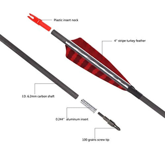 Pure Carbon Arrows 600 700 Spine 30 Inch Turkey Feather Fletching Screw in Field Points Targeting Hunting for Traditional Long