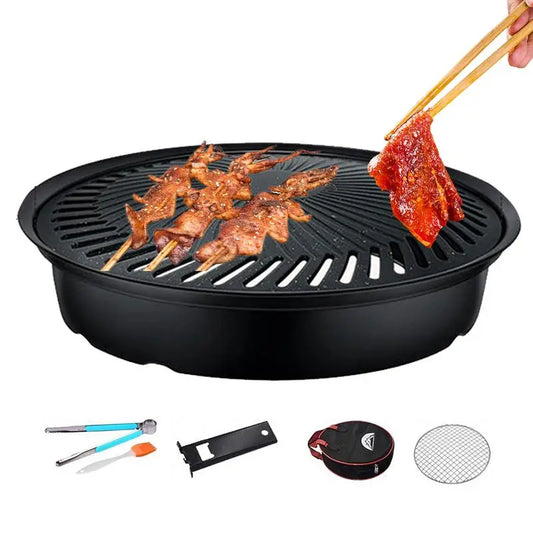 Outdoor Cooking Grill Pan Non-Stick Round Grill Pan Includes Metal Tongs Portable Storage Bag Grilling Accessories for Camping