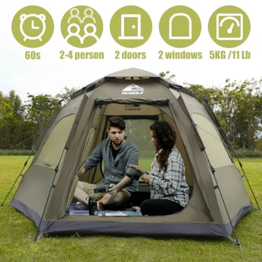2/3/4 Person Camping Tent - Instant Pop Up Waterproof 2 Doors Tent with Easy Setup 3-Season Hexagonal Dome Design for Family Hi
