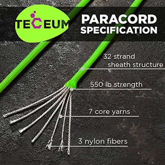 Paracord Type III 550 Neon Green 50 ft 4mm Tactical Rope MIL-SPEC Outdoor para Cord Camping Hiking Fishing Gear and Equipment E