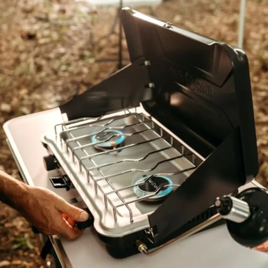 GasOne Portable Camping Stove Double Propane Stove with Auto Twist Turn Ignition 22000 BTU Camping Cooktop with 2 Burners and W