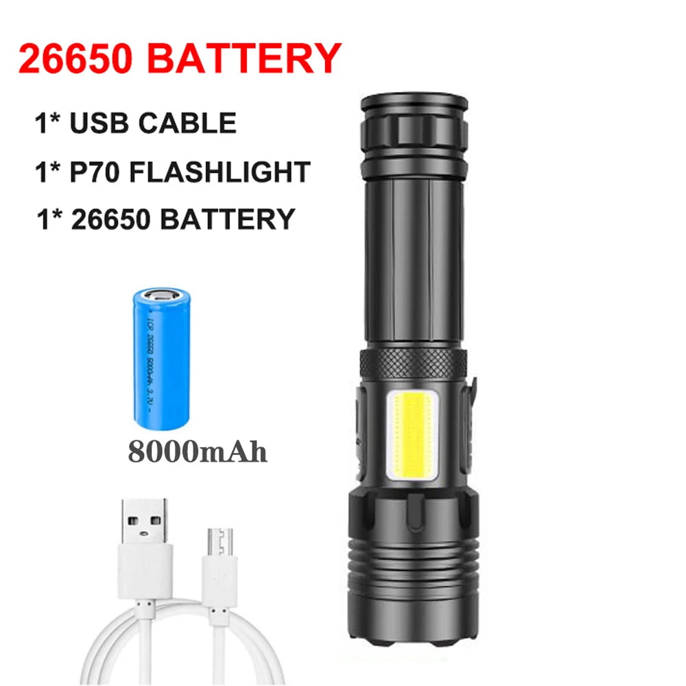 Rechargeable Super Bright Tactical Flashlight High Lumens Zoomable LED Flashlight With COB Side Light 7Modes Floodlight Torch