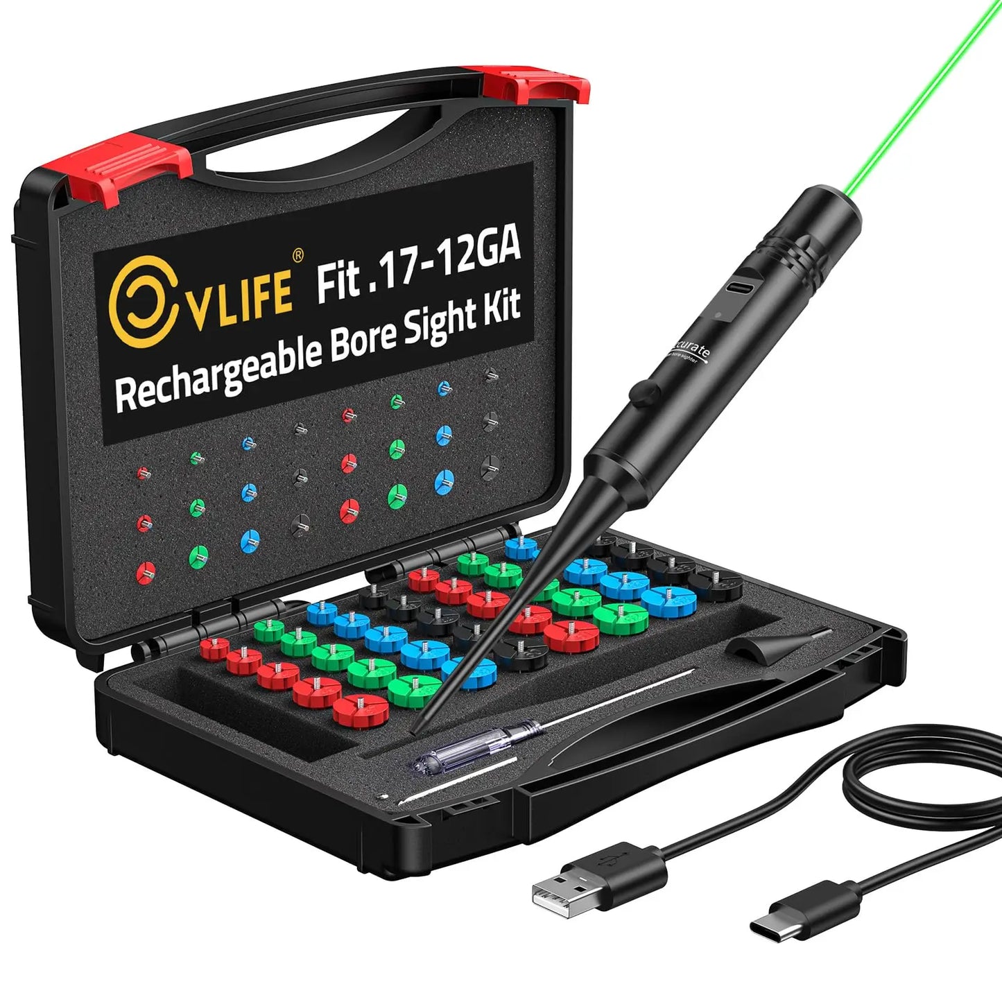CVLIFE Rechargeable Bore Sight Laser Kit with 64 Adapters fit 0.17 to 12GA Calibers, Professional Green Laser Bore Sight wit