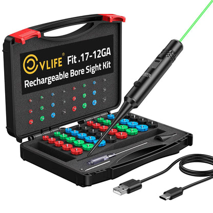 CVLIFE Rechargeable Bore Sight Laser Kit with 64 Adapters fit 0.17 to 12GA Calibers, Professional Green Laser Bore Sight wit