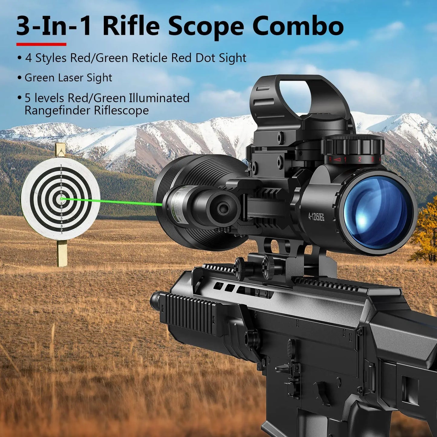 Riflescope Combo 4-12x50EG Dual Illuminated Optics IIIA 2MW Laser Sight 4 Holographic Reticle Green Dot Sight 20mm Scope Mount