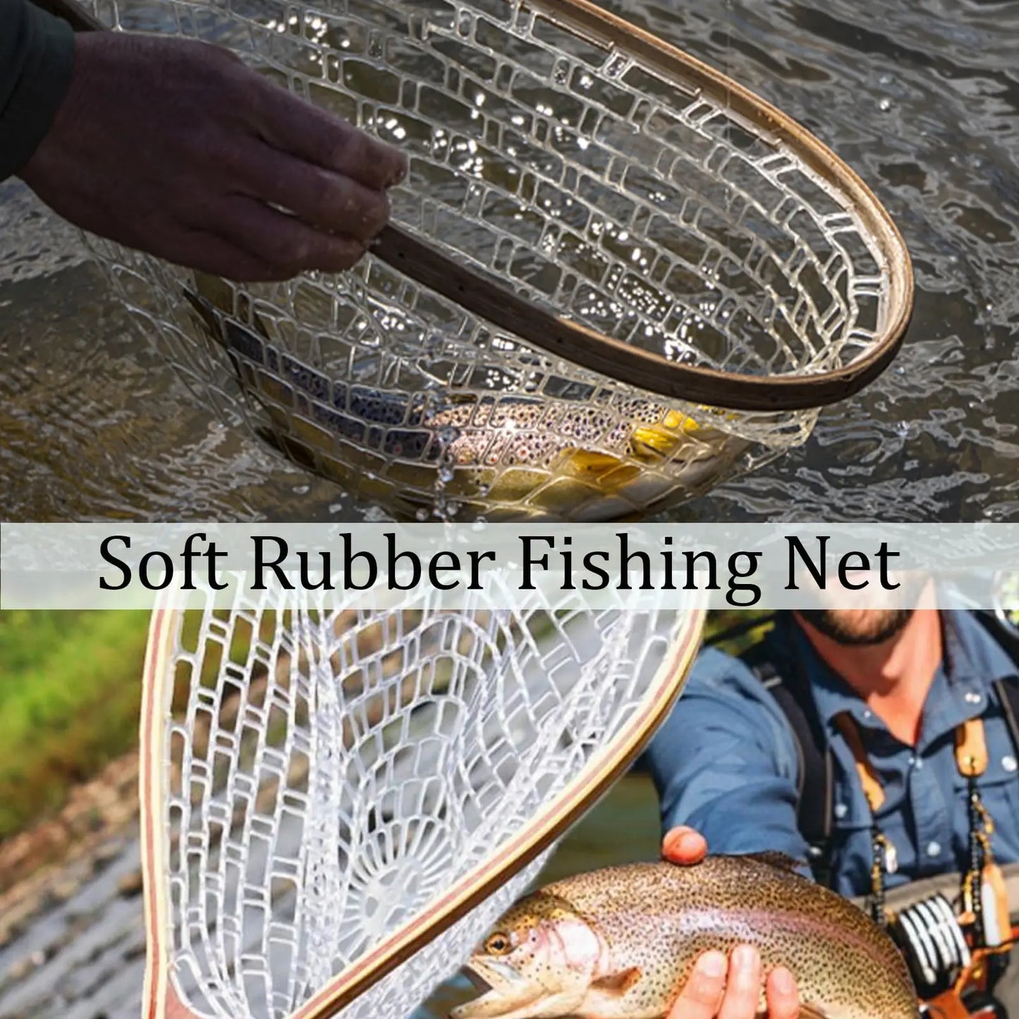 Fishing Net for Trout, Fly Fishing Net with Soft Rubber Mesh, Wooden Handle Fishing Net for Freshwater & Saltwater Fishing, Catch and Release, Gift for Anglers & Fly Fishing Enthusiasts