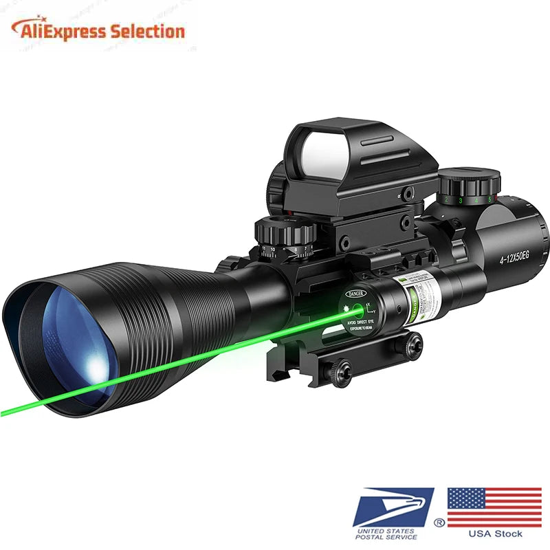 Riflescope Combo 4-12x50EG Dual Illuminated Optics IIIA 2MW Laser Sight 4 Holographic Reticle Green Dot Sight 20mm Scope Mount