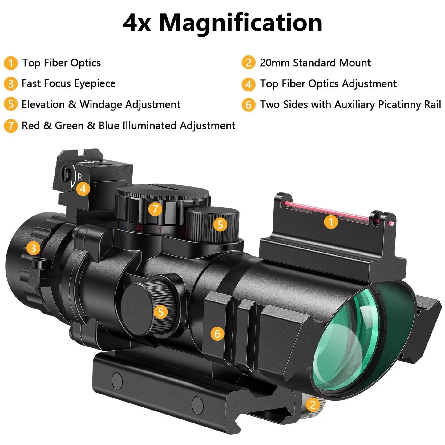 CVLIFE 4x32 Prism Hunting Rifle Scope Red & Green & Blue Illuminated Reticle Scope with Fiber Optic Sight