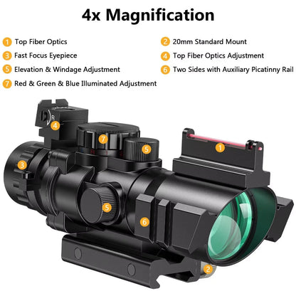 CVLIFE 4x32 Prism Hunting Rifle Scope Red & Green & Blue Illuminated Reticle Scope with Fiber Optic Sight