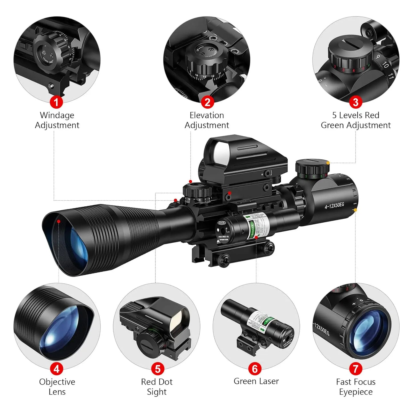 Riflescope Combo 4-12x50EG Dual Illuminated Optics IIIA 2MW Laser Sight 4 Holographic Reticle Green Dot Sight 20mm Scope Mount
