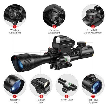 Riflescope Combo 4-12x50EG Dual Illuminated Optics IIIA 2MW Laser Sight 4 Holographic Reticle Green Dot Sight 20mm Scope Mount