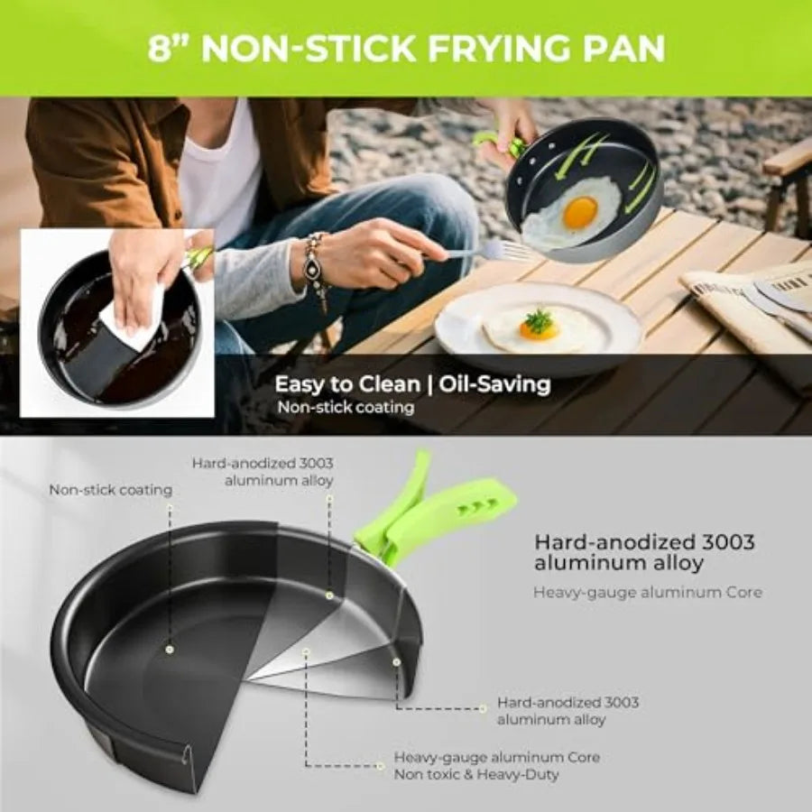 Lightweight Portable Camping Cookware Set with 3L Pot 1.7L Pot 8 Non-Stick Frying Pan 0.8L Kettle for Outdoor Cooking Backpacki