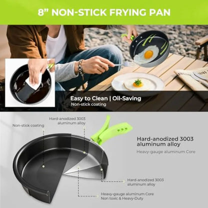 Lightweight Portable Camping Cookware Set with 3L Pot 1.7L Pot 8 Non-Stick Frying Pan 0.8L Kettle for Outdoor Cooking Backpacki