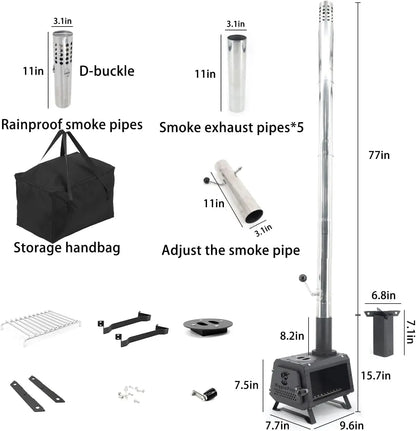 Wood Burning Stove with Fire Window,Portable Tent Stove with 7 Sectional Chimney Pipes,Sturdy Camping Wood Stove with X-shaped P