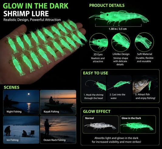6pcs 2026 New Lure - Luminous Soft Plastic Artificial Bait with Fish Hook | Realistic Freshwater and Saltwater Fishing Gear, Simulated Shrimp-shaped Jig Suitable for Night Fishing, Ideal for Fishing Bass, Trout, Berry Bass, B
