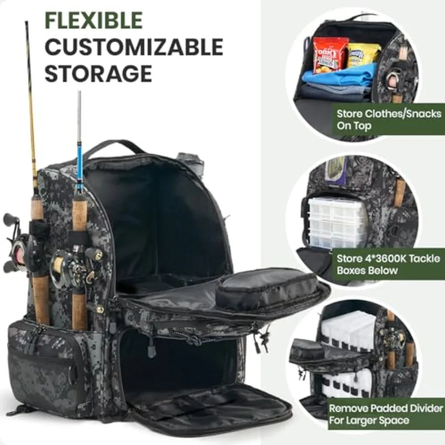 2-in-1 Rolling Fishing Backpack with 3 Rod HoldersDetachable Wheels andTrolley 48L Large Water Resistant Tackle Bag Store Fishi