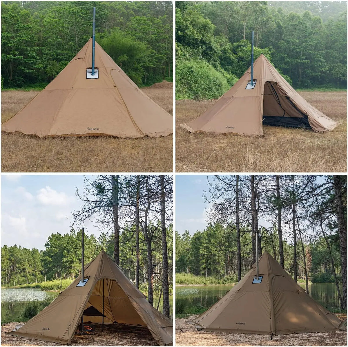 Fireproof Fabric, Green Camping Hot Tipi Tent for 4 - 8 Person, Ideal for Bushcraft, Cooking and Heating