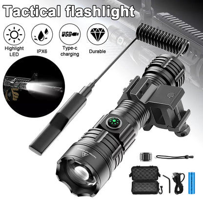 IP65 High Lumen Tactical Flashlight 3 Modes Rechargeable Battery Aluminum Alloy LED Weapon Light with Picatinny Rail Mount Sport