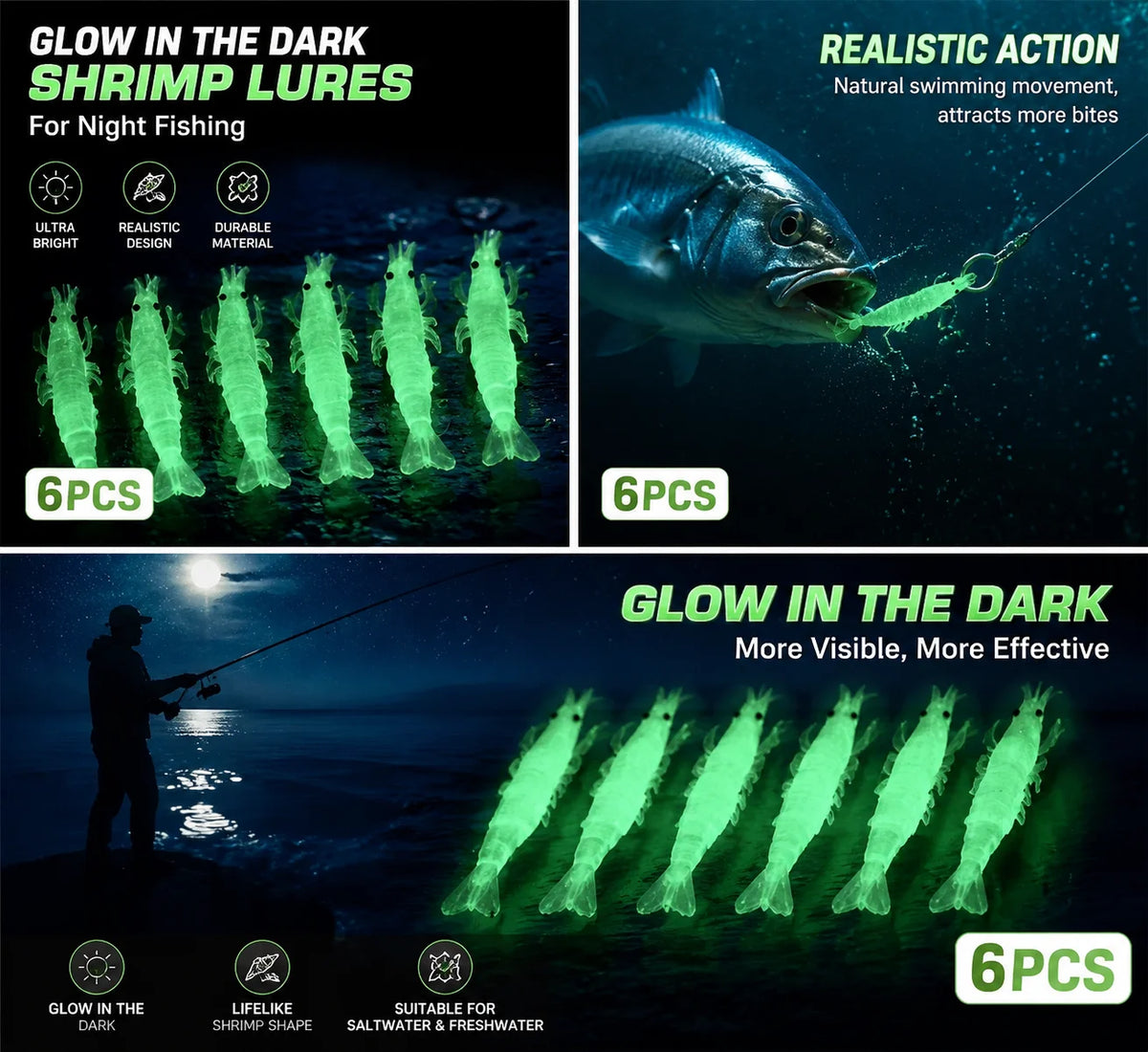 6pcs 2026 New Lure - Luminous Soft Plastic Artificial Bait with Fish Hook | Realistic Freshwater and Saltwater Fishing Gear, Simulated Shrimp-shaped Jig Suitable for Night Fishing, Ideal for Fishing Bass, Trout, Berry Bass, B
