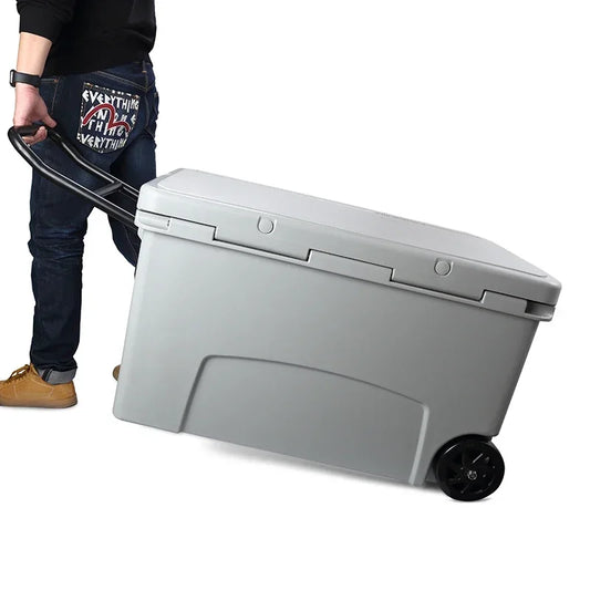 High quality big 75qt 125qt 145qt plastic insulated portable ice cooler box rotomold cooler with wheels