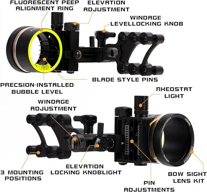 Archery 0.019'' Fiber Optic Adjust 5 Pin Compound Bow Sight  Alloy Portable for Bows Outdoor Shooting Right Handed Accessories