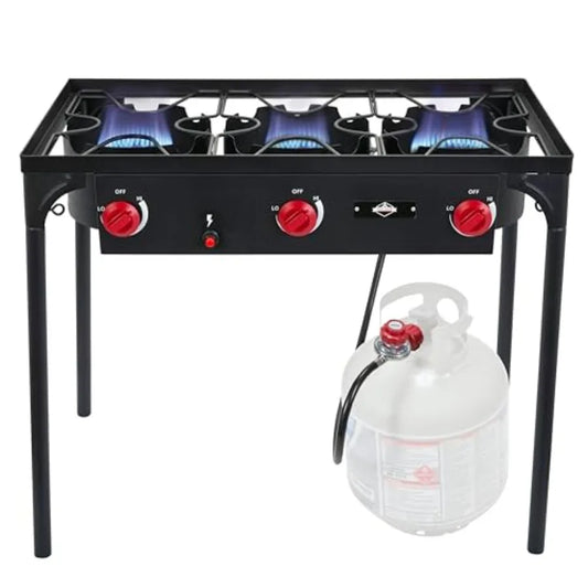 Hike Crew Auto Ignition 3-Burner Outdoor Gas Stove 225000 BTU Portable Propane-Powered Cooktop with Blue Flame Control Removabl