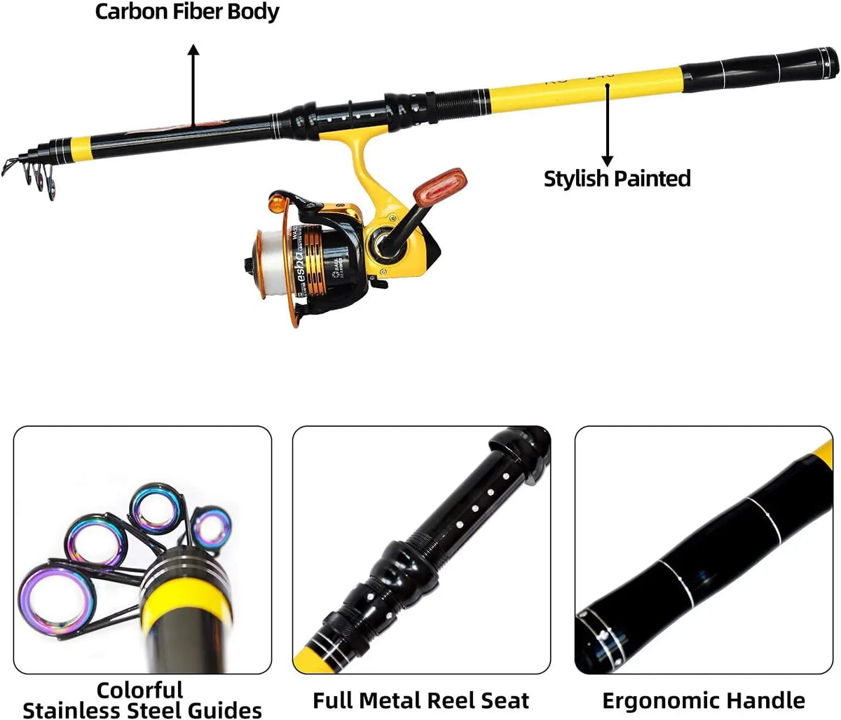 Telescopic Fishing Rod and Reel Combo Kit for Adults - Medium Heavy Action, 22lb Pre-Spooled Line with Spinning Reel, Travel Sal
