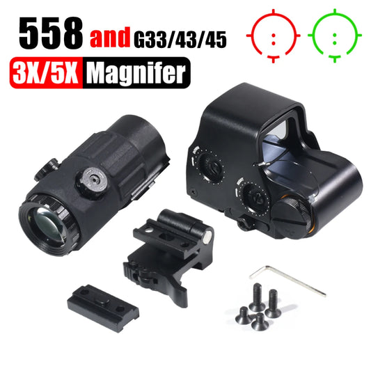 558 Holographic Collimator G33/43/45 3X/5X Magnifier Folding Side Flip Scopes Red Dot Sight Reflex Airsoft Scope 20mm QD Rail