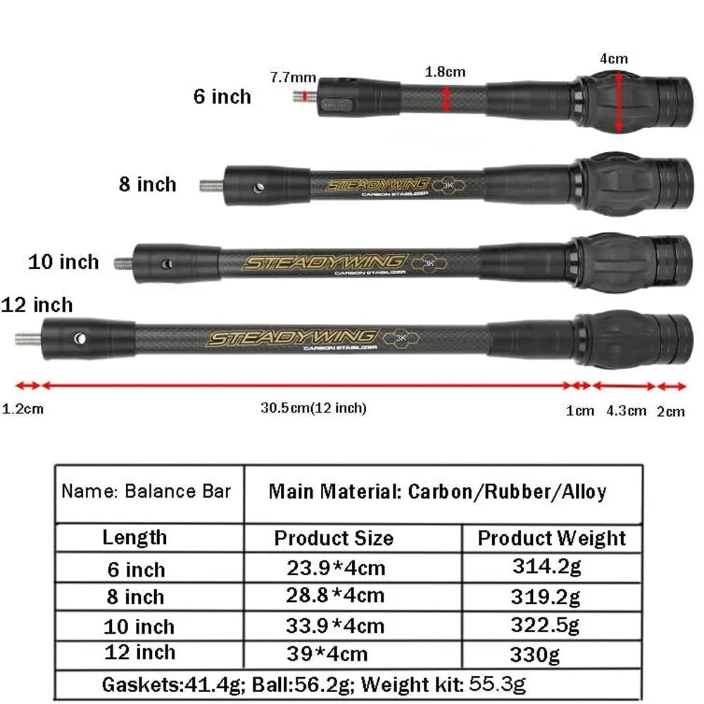 Archery Bow Stabilizer 3k Carbon Fibre Shock Absorber Damp Balance Rod 6/8/10/12/15 Inch for Bow Hunting Shooting Sports