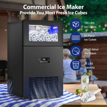 Commercial Ice Maker 160Lbs/24H 35Lbs Storage 15" Wide Under Counter 63 Cubes Self Clean Stainless Steel Built-in, Custom