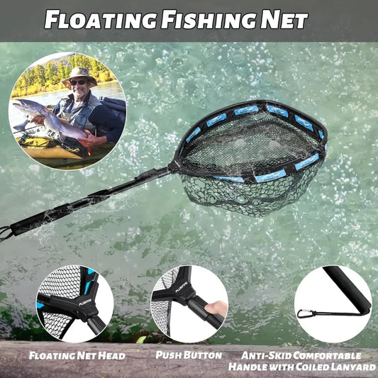 Fishing Net Floating Landing Net with Fixed Foldable Telescopic Pole Handle, Bass Trout Fishing Nets with Nylon Mesh for Pond Lake River, Fishing Gear Gifts for Men Anglers