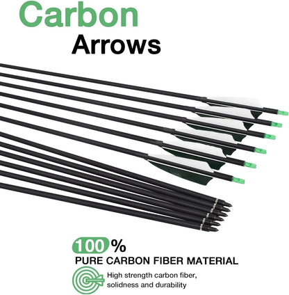 YLS 500 Spine Arrows 30 In Carbon Arrows 4" Turkey Feather Archery Target Practice Hunting Arrows with for Recurve Bow Long Bow