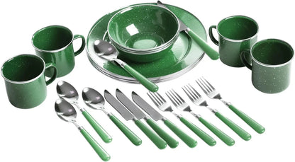 24-Piece Enamel Camping Tableware Set - Stainless Steel Cutlery, Plates, Bowls & Mugs for Outdoor Picnics & Family Travel