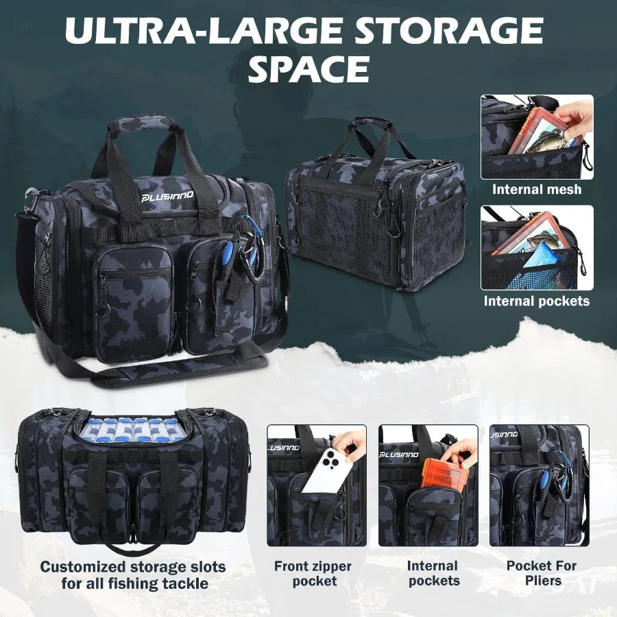 PLUSINNO Expandable Tackle Bag for Saltwater and Freshwater Fishing Water Resistant Fishing Gear Storage Solution with Multiple