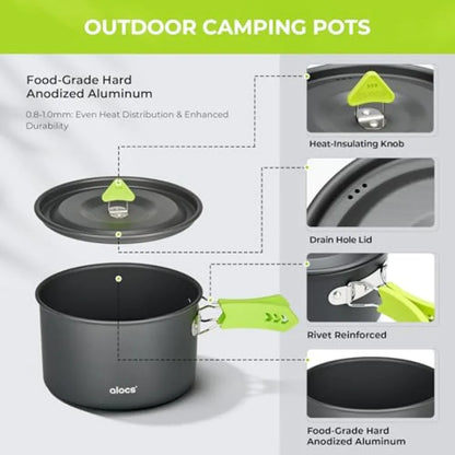 Lightweight Portable Camping Cookware Set with 3L Pot 1.7L Pot 8 Non-Stick Frying Pan 0.8L Kettle for Outdoor Cooking Backpacki