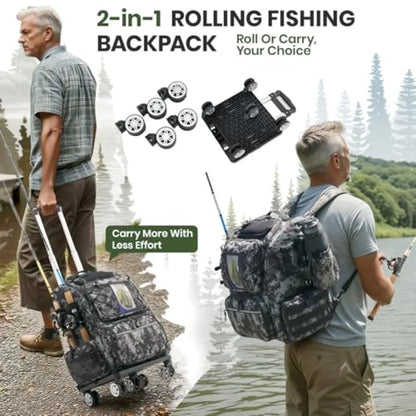 2-in-1 Rolling Fishing Backpack with 3 Rod HoldersDetachable Wheels andTrolley 48L Large Water Resistant Tackle Bag Store Fishi