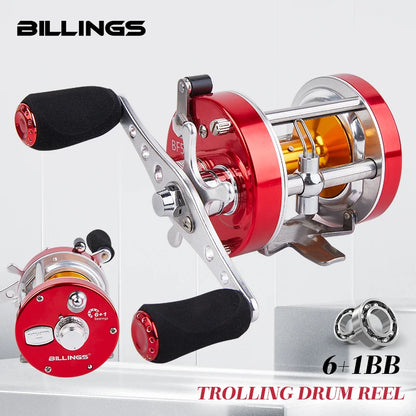 BILLINGS Trolling Drum Fishing Reels 20LB Max Drag  6+1BB 4.2:1/5.2:1 Gear Ratio CNC Aluminum Spool Smooth Right Hand Baitcaster Reel for Freshwater Saltwater